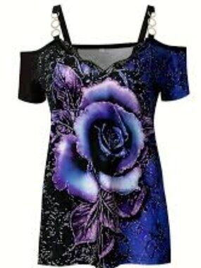 Temu Women’s Romantic Purple Rose Cold-Shoulder Blouse with O-ring Straps XL